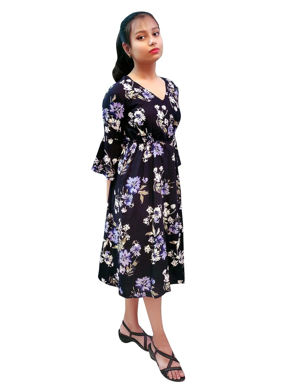 PRACHALAN Girls Rayon Floral Print Tea Length Dress Navy Blue (Navy Blue, 8-9 Years) at Amazon.inRufus AI - Image 3
