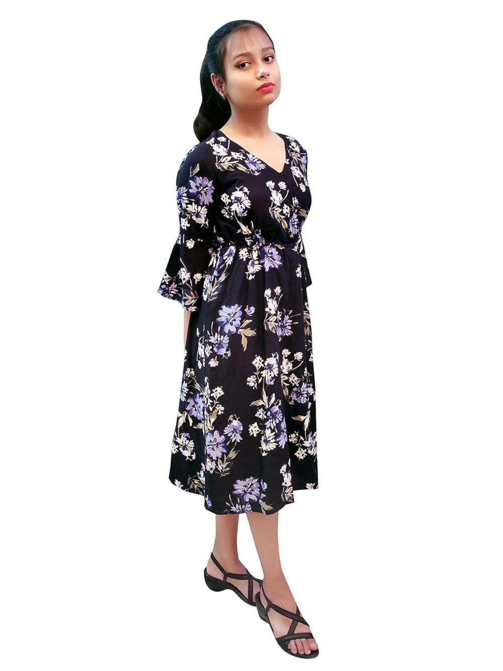 PRACHALAN Girls Rayon Floral Print Tea Length Dress Navy Blue (Navy Blue, 8-9 Years) at Amazon.inRufus AI - Image 5