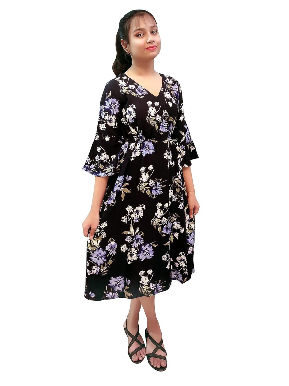 PRACHALAN Girls Rayon Floral Print Tea Length Dress Navy Blue (Navy Blue, 8-9 Years) at Amazon.inRufus AI - Image 6