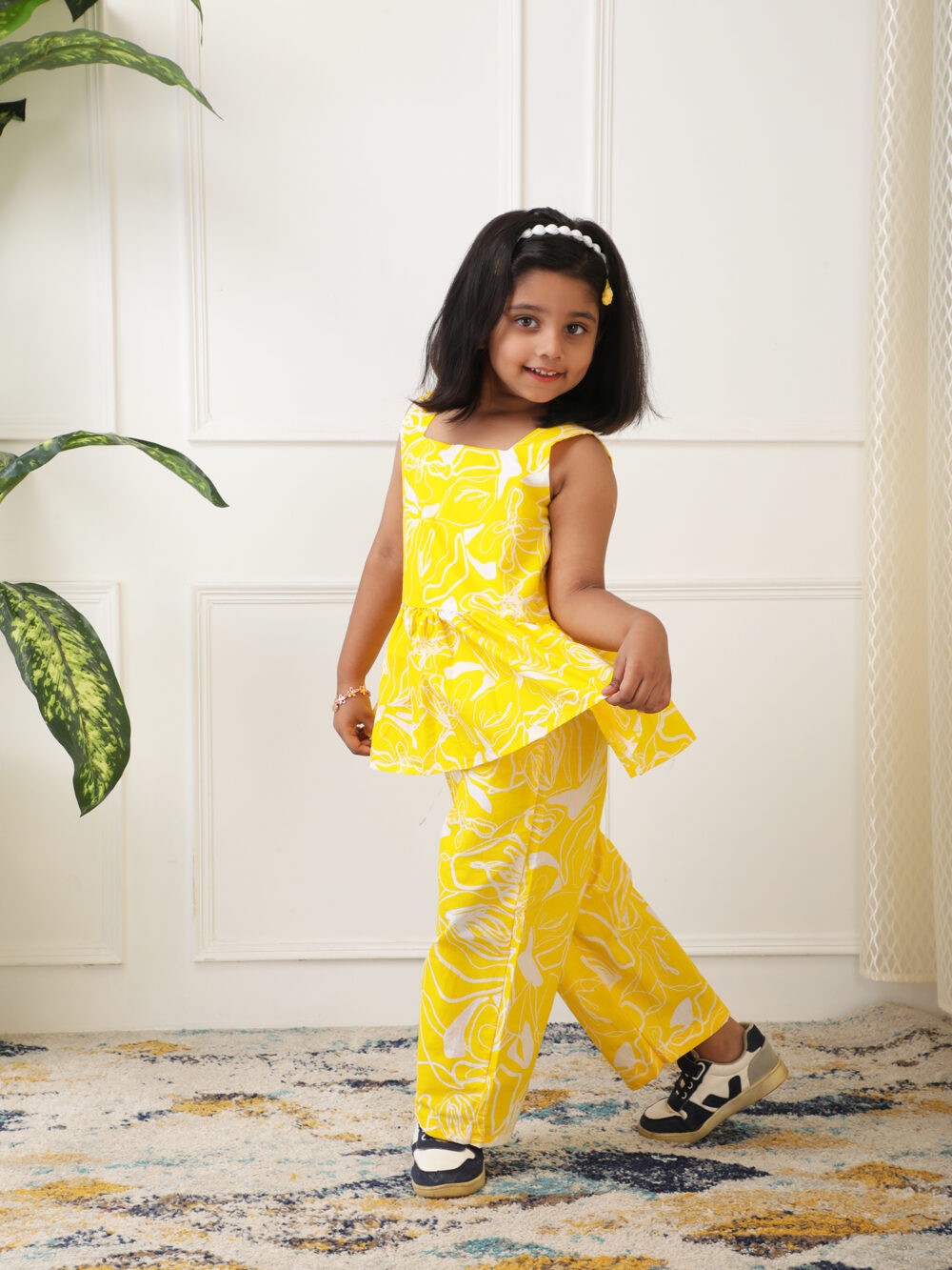 Girls Cotton 2 piece palazzo set Yellow - Image 2